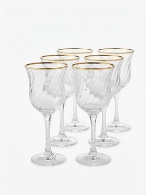 Vintage Style Optic Swirl Gold Rim Wine Crystal Glasses Set of 6